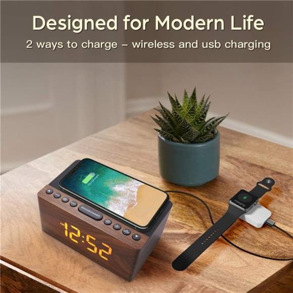 Wooden Digital Alarm Clock FM Radio, Fast Wireless Charger Station for iPhone - Picture 3 of 6